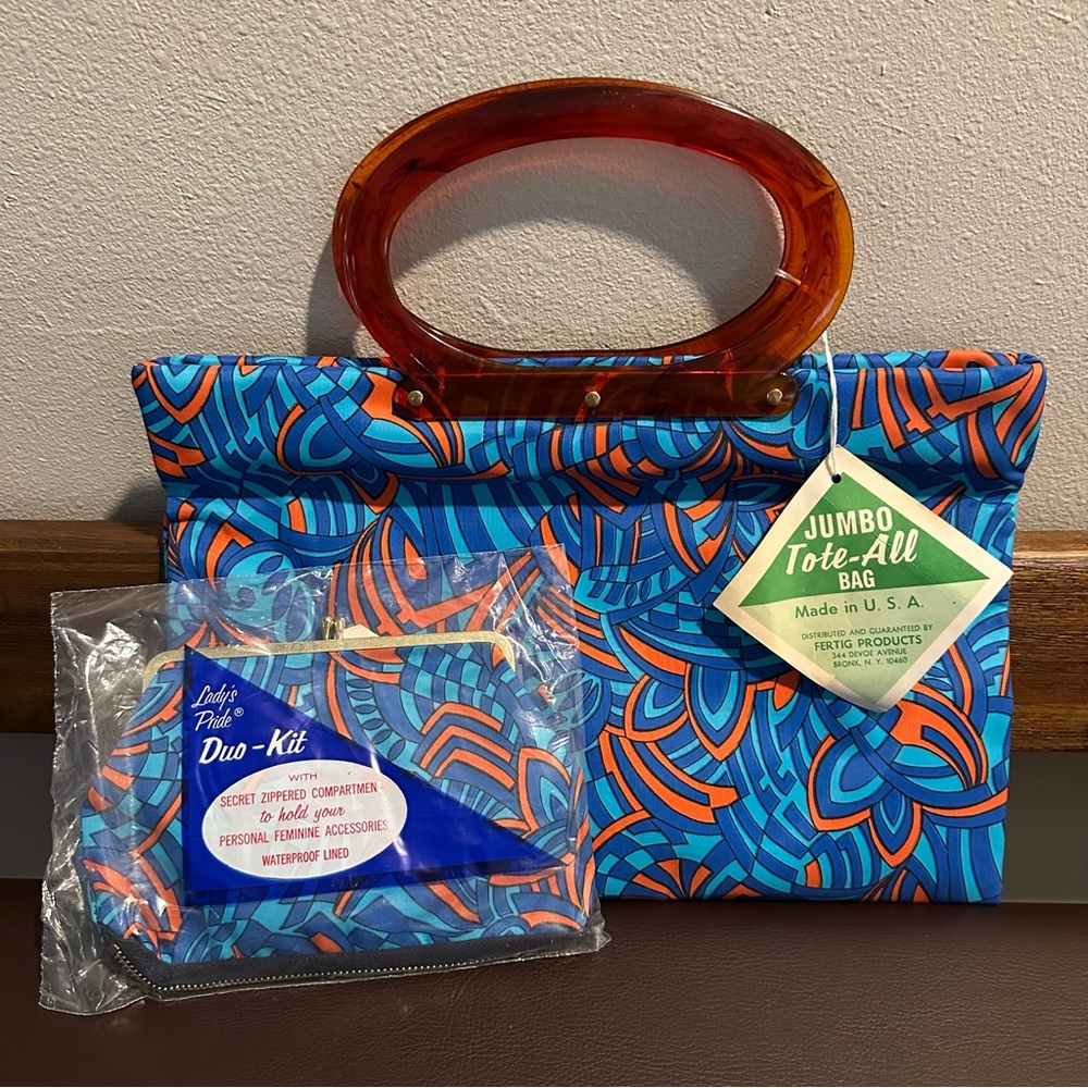 Vintage Funky 60s/70s Jumbo Tote-All Folding Bag & Coin Pouch Brown Lucite NWT